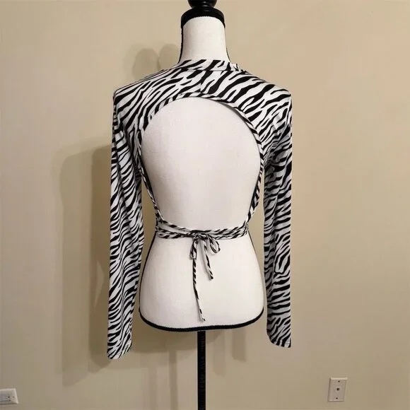 Shein Women's Zebra Print Backless Long Sleeve Crop Top Size M 6 New - Picture 2 of 5